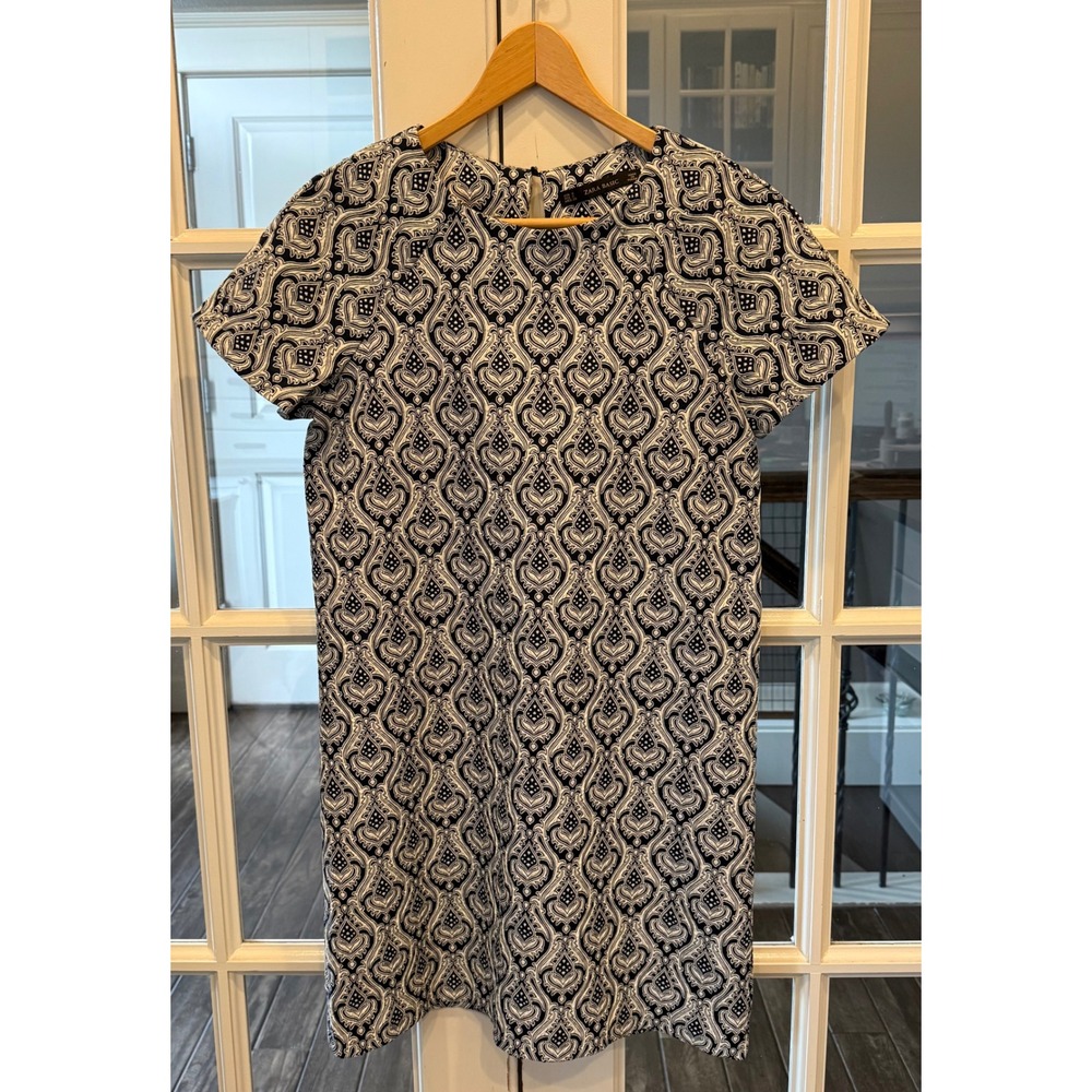 Zara Basic Womens Navy Blue & White Jacquard Short Sleeve Shift Dress Size Small